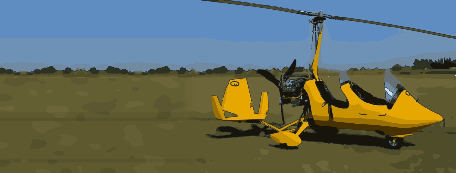 Cartoon of a yellow gyroplane parked on a grass airfield under a blue sky